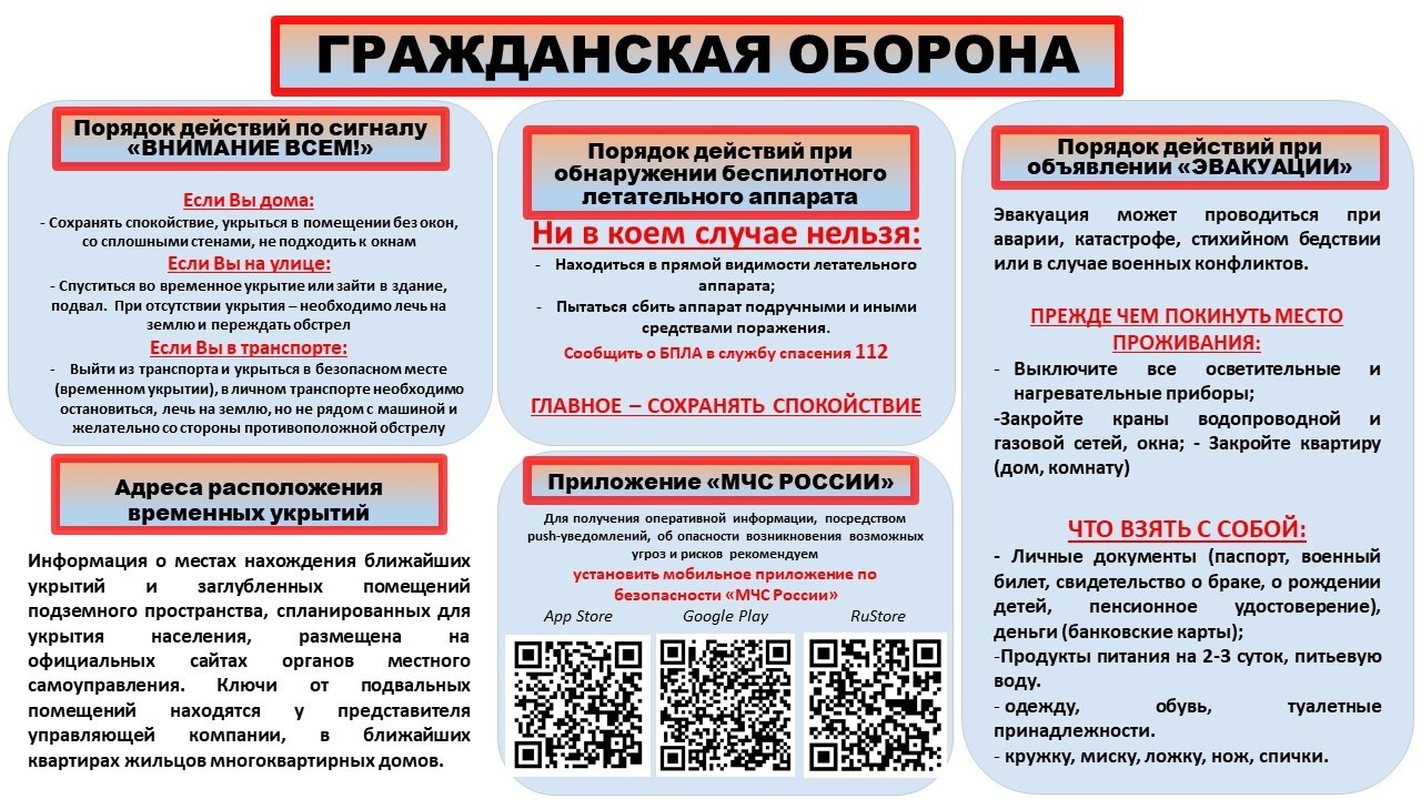 Уважаемые жители Прилепенского сельского поселения! Напоминаем вам о порядке действий при объявлении сигнала «Внимание всем!» и при угрозе атаки БПЛА, а также при объявлении эвакуации..